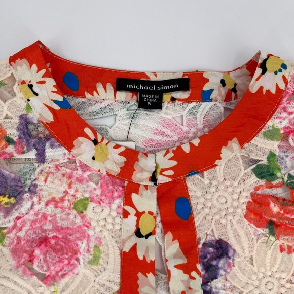 Michael Simon Floral Lace Silk Trim Jacket Size P L Orange Red Sheer Lightweight - Picture 6 of 16